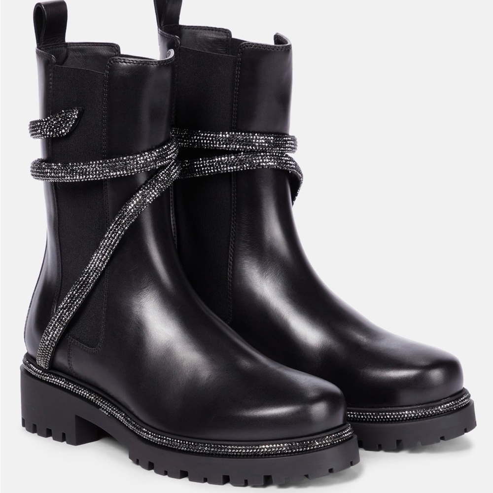 Rene Caovilla Black Leather Ankle Boots with Crystal Wrap